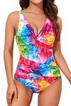 Smismivo Tummy Control Swimsuits for Women Slimming One Piece Bathing Suit Retro Ruched Push Up Vintage Padded Swimwear Color Tie Dye X-Large