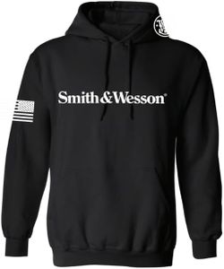 Smith & Wesson Officially Licensed Men's Long Sleeve Solid Graphic Hoodie with American Flag and S&W Logo Pullover Sweatshirt, Black, XX-Large