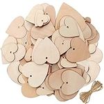 BELLE VOUS 100 Pack of Wooden Hearts with 10m Natural Twine - 5 Different Sized Unfinished Wooden Shaped Heart Set with Holes - Decorations for Weddings, Parties, Anniversaries, Personalised Gifts