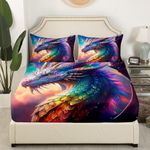 Dragon Bedding Set Twin Size Colorful Dragon Bed Set for Girls Teens Bedroom Decor Kids Rainbow Dragon Scales Fitted Sheet Soft Microfiber Cool Dragon Bed Cover(1 Fitted Sheet+1 Pillow Case)