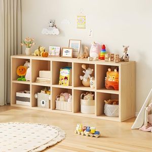 WOOOFA 10 Cube Storage Organizer, Cubby Storage Organizer, Cube Shelf with Back Plate, Wooden Kids Bookcase for Toy, Solid Wood Cube Storage for Living Room/Bedroom/Hallway/School, Easy to Install