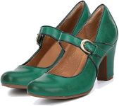 SHODENSE Women Vintage Chunky High Heel Mary Jane Shoes Round Closed Toe Ankle Strap Dress Sandals 3" Block Heels Mary Jane Lolita Pumps Two-Toned Buckle Patchwork Office Lady Wedding Retro 4-11 M US, Matte Green, 9.5