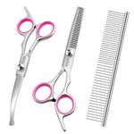 GEMEK Dog Grooming Scissors with Safety Round Tips Stainless Steel Professional Dog Grooming Kit - Thinning, Curved Scissors and Comb for Cat Pet (Pink 4 in 1)