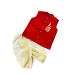 Picksparrow Baby Boy Cotton Silk-Tissue Kasavu Cotton Shirt with Dhoti pant (Peacock-Sleeveless) (6-12 Months, Maroon)