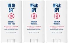 WearSPF 50 Sunscreen Sport Stick with Broad Spectrum SPF 50 UVA/UVB Protection, Sweat- & Water-Resistant Portable Hands-Free Stick for Face & Body, 3-pack