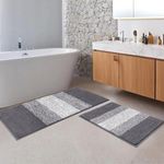 Vaukki Luxury Soft Bathroom Rugs Set of 2, Non Slip Washable Plush Bath Floor Mats, Microfiber Shaggy Absorbent Striped Bath Carpet for Tub, Bathroom and Shower (18''x26''+18''x47'', Grey)