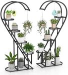 COSTWAY 5-Tier Tall Plant Stand, 2-Pack Heart-shaped Ladder Plant Shelf with Hanging Hooks and Adjustable Foot Pads, Indoor Outdoor Metal Display Pot Holder for Balcony Garden Patio (Black)