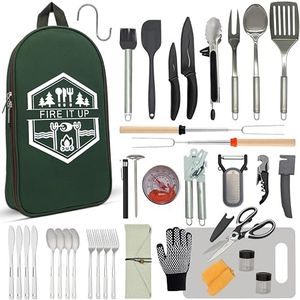 BOMKI Grilling and Camping Cooking Utensils Set for The Outdoors BBQ - Camping Utensil Set Camping Kitchen Set Cookware Accessories Camping Essentials Camping Stuff Camp Cooking Set (Green Pro)
