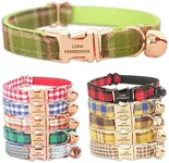 PETDURO Handmade Personalized Plaid Cat Collars with Bell & Name Engraved Metal Buckle Customized for Cute Girl and Boy Cats - Matching Bow Tie Available (L, Apple Green Plaid Rose Gold Buckle)