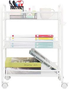 Ovicar Mesh Utility Cart, Rolling Basket Stand for Kitchen & Bathroom, Full Metal Storage Art Trolley Carts with Wheels & 4 Side Hooks (3 Tier, White)