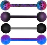 OUFER 4 PCS Stainless Steel 14G Barbell Tongue Rings Purple Black Splatter Tongue Barbell Tongue Piercing Jewelry