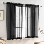 Black Sheer Curtains 45 Inches Long, Rod Pocket Small Window Curtain Panels for Living Room, Bedroom, Kitchen, Door, Semi Sheer Black Curtains 2 Panels Light Filters - Breathable, Black, 52" W x 45" L