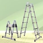 12.5FT (6.2+6.2FT) Telescopic Extendable Ladder Newest Stainless Steel A-Frame Foldable Straight Ladder 330lb Capacity Extension Portable Ladder Adjustable Height Safety Lock EN131 Safe Standard