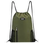 WANDF Drawstring Backpack Sports Gym Sackpack with Mesh Pockets Water Resistant String Bag for Women Men Children (Dark Green)