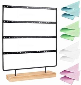 Earring Stand - Black Metal Jewellery Organiser with Wooden Base - 88 Holes for Earring Storage and 4 Layers Earring Holder Jewellery Display Stand- Includes 8 Piece Jewellery Cleaning Cloth Set