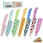 HAUSHOF Kitchen Knife Set, 12-Piece Colorful Knives Set with Sheaths, Non-Stick Coated Stainless Steel Fruit Pattern Blades for Slicing&Cutting, Gifts Knife Set for Dad, Mom, Husband and Wife