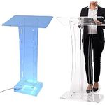 ZZJCY 43.3" Pulpit Stand for Church Acrylic, Podium Lectern Stand with Wide Reading Surface, Lecterns and Podiums with LED Multicolor Light, Curved, for Churchs