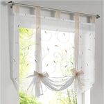 JAIJY Sheer Voile Embroidered Vine Plant Tab Top Rod Pocket Window Shades Kitchen Small Curtain Tie Up Adjustable Balloon Roman Tieback Drape for Cafe, 39" x 55", Light Khaki