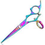 5.5" Swivel Thumb Hair Scissors, Professional Hair Cutting Scissors, Rainbow Titanium Coated Hair Trimming Shear for Barber Haircutting and Salon Haircut, Jewelled Dial, Japanese 440C Steel