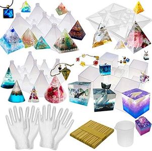 Funshowcase Pyramid Cone Cube Geometric Resin Silicone Moulds Pack of 4 Trays, 100ml-Rubber-Measuring-Cup, 50-Wood-Stir-Sticks