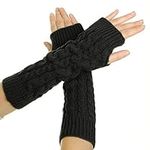 Flammi Women's Knit Arm Warmers Fingerless Gloves Thumb Hole Gloves Mittens for Typing Driving Cosplay, Black, Medium