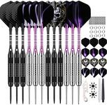 12 Pack Darts Metal Tip Set 22/24 Grams, Steel Tip Darts with Premium Black Purple Aluminum Shafts, Extra 50 Rubber O-rings 6 Nylon Shafts 24 Flights 12 Spring Rings 16 Flights Protector 1 Tool Kit