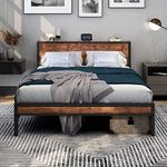 DUMEE Queen Bed Frame with Wood Storage Headboard, Metal Platform Bed Frame Queen Size Mattress Foundation No Box Spring Needed, Noise Free, Black & Rustic Brown