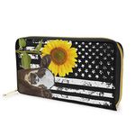 Dolyues Sunflower Cow USA Flag Print Zipper Long Pu Leather Wallet with Coin Pocket Ladies Purse Cash Phone Bags(Black)