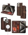 Bayelon Wallet Case for iPhone 15 Pro, Full Grain Leather Wallet, Detachable Magnetic Flip Card Holder, iPhone 15 Pro Wallet Case, MagSafe Compatible, RFID Blocking (Dark Brown)