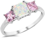 Square White Simulated Opal Pink CZ Cute Ring New .925 Sterling Silver Band Size 8