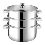 Vinod Stainless Steel 3 Tier Steamer/Momo/Vegetable/Modak Maker with Glass Lid and Sturdy Handle, Gas Stove and Induction Friendly, 24 Months Warranty - (Silver)