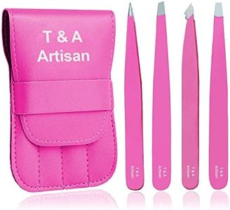 T&A Artisan Eyebrow Tweezers Stainless Steel Set - 4 Piece Professional Precision Tweezers for Eyebrows Facial Hair & Ingrown Hair Removal Splinter & Tick Remover False Eyelashes Tools for Men and Women (Pink)