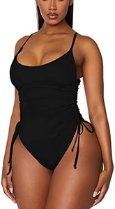 TOLENY Women's Tummy Control One Piece Swimsuits Ruched Drawstring Bathing Suits Swimwear, A - Black, Medium