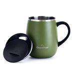 Grandties Insulated Coffee Mug with Handle - Sliding Lid for Splash-Proof 16 oz Wine-Glass Shape Thermal Tumbler with Double Walled Vacuum Stainless Steel to Keeps Beverages Hot or Cold - Black (Olive Green)