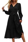 PRETTYGARDEN Women's Floral Print Boho Dress Long Sleeve Wrap V Neck Ruffle Belted A-Line Flowy Maxi Dresses (Solid Black,X-Large)