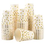 CEILIWEN Pack of 100 White Gold Party Cups, 9 OZ/250ml Gold Polka Dot Paper Cups, Paper Party Cups for Both Hot Drinks and Cold Drinks (White and Gold)