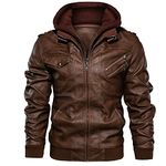 JYG Men's Faux Leather Jacket Stand Collar Motorcycle Bomber Jackets with Removable Hood, Brown, 3XL