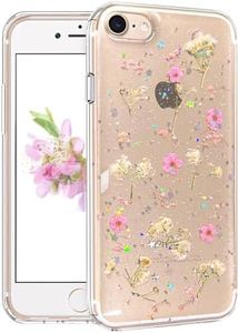 CEOKOK for iPhone 7/8/SE 2020/SE 2022 Case Clear with Real Pressed Flowers Design Glitter Cute Sparkly Floral Pattern Slim Soft TPU Protective Women Girl's Phone Cover (Pink)