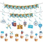 Bon Voyage Party Decoration,World Map Adventure Awaits Banner Travel Themed Hanging Swirl Let The Adventure Begin Cupcake Toppers Photo Booth Props for Graduation Birthday Retirement Party Supply