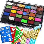 Face Paint Kit, Painting Palette with Brushes Body Paint Face Makeup Safe and Easy to Clean for Halloween Carnivals Cosplay Party Stage Performances (30 Colors + 10 Brushes + Stencils)