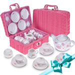 Jewelkeeper Porcelain Tea Set for Little Girls with Pink Picnic Basket - 13 Pieces Mini Tea Party Set for Kids - Real Tea Cups, Teapot, and Saucers for Toddlers - Children Play Set - Floral Design