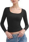 PUMIEY Women's Long Sleeve T Shirts Scoop Neck Slim Fit Going Out Tops Double Lined Basic Tee, Jet Black XX-Large