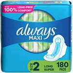 Always Maxi Feminine Pads for Women, Size 2 Long Super Absorbency, Multipack, with Wings, Unscented, 60 Count x 3 Packs (180 Count total)