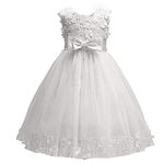 Discoball Girls Princess Dress,Tulle Bow Lace Embroidery Flower Girl Dress,Birthday Party Wedding Bridesmaid First Communion Girls' Dresses for 1-10 Years White