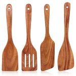 Best Wooden Spatula for Cooking Non Stick Kitchen Utensils Teak Wood Spatula Set of 4 Flat Slotted Turner Spatula for Baking Mixing Scraping Fish Spatula Wood Cooking Utensil Set Egg Flipper Spatula