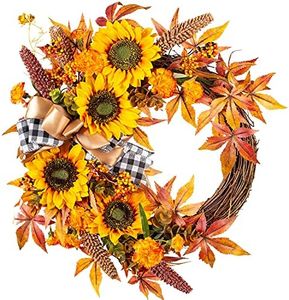 WANNA-CUL 16 Inch Fall Wreath Decor for Front Door with Sunflowers, Grains, Maple Leaves, Berries and Orange Carnations, Harvest Door Wreath for Autumn or Thanksgiving Decoration