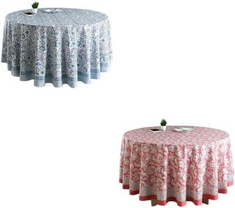 CPC Cotton Round Tablecloth Bundle 132 Inch Handmade Indian Block Print Table Covers in Indigo Blue and Coral Pink for Weddings and Seasonal Decor