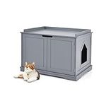 Maxmass Wooden Cat Litter Box Enclosure, Indoor Cat House with 2 Doors & Holes, Kitty Hidden Washroom Storage Bench for Bedroom, Bathroom and Living Room (Grey)