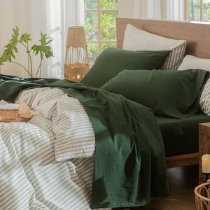 MooMee Bedding Sheet Set 100% Washed Cotton Linen Like Textured Breathable Durable Soft Comfy (Solid Forest Green, Queenwin)
