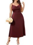 SCOMCHIC Women Plus Size Satin Wedding Guest Dress Spaghetti Strap Cowl Neck Smocked Party Cocktail A-Line Maxi Dresses, Burgundy, 3X-Large Plus